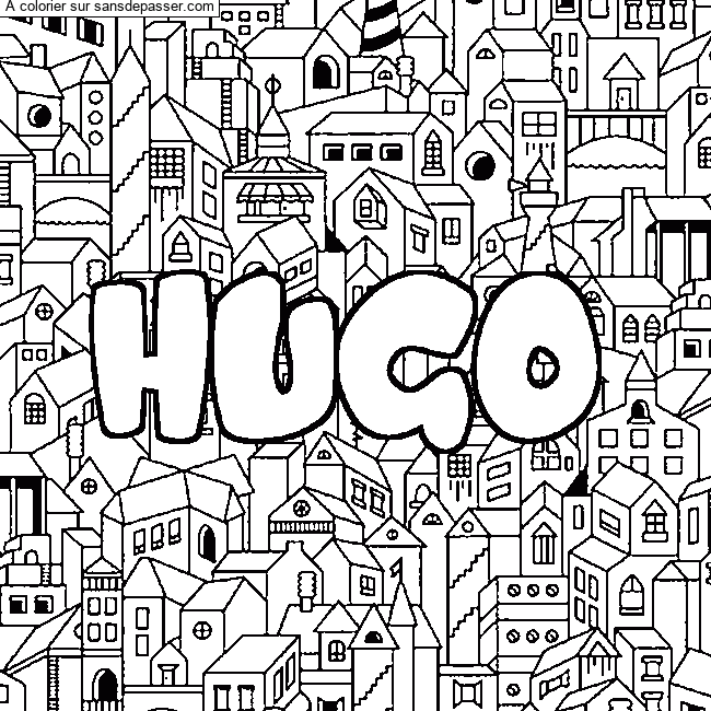 Coloriage pr&eacute;nom HUGO - d&eacute;cor Ville par un invit&eacute;