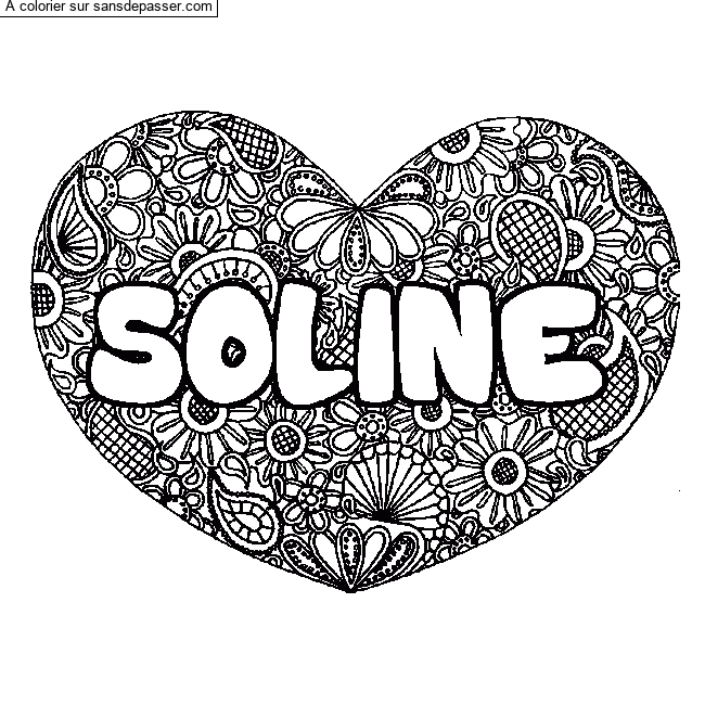 Coloriage pr&eacute;nom SOLINE - d&eacute;cor Mandala coeur par un invit&eacute;