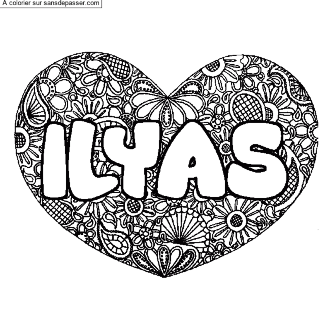 Coloriage pr&eacute;nom ILYAS - d&eacute;cor Mandala coeur par un invit&eacute;