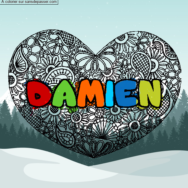 Coloriage pr&eacute;nom DAMIEN - d&eacute;cor Mandala coeur par un invit&eacute;