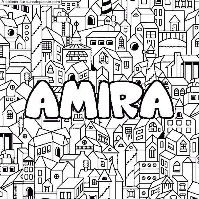 Coloriage pr&eacute;nom AMIRA - d&eacute;cor Ville par un invit&eacute;